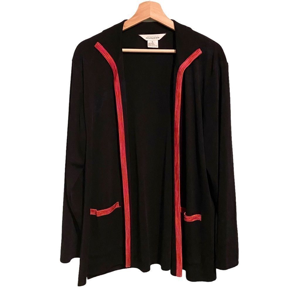 Exclusively Misook Black Knit Red Trim Open Front Cardigan In Size Large